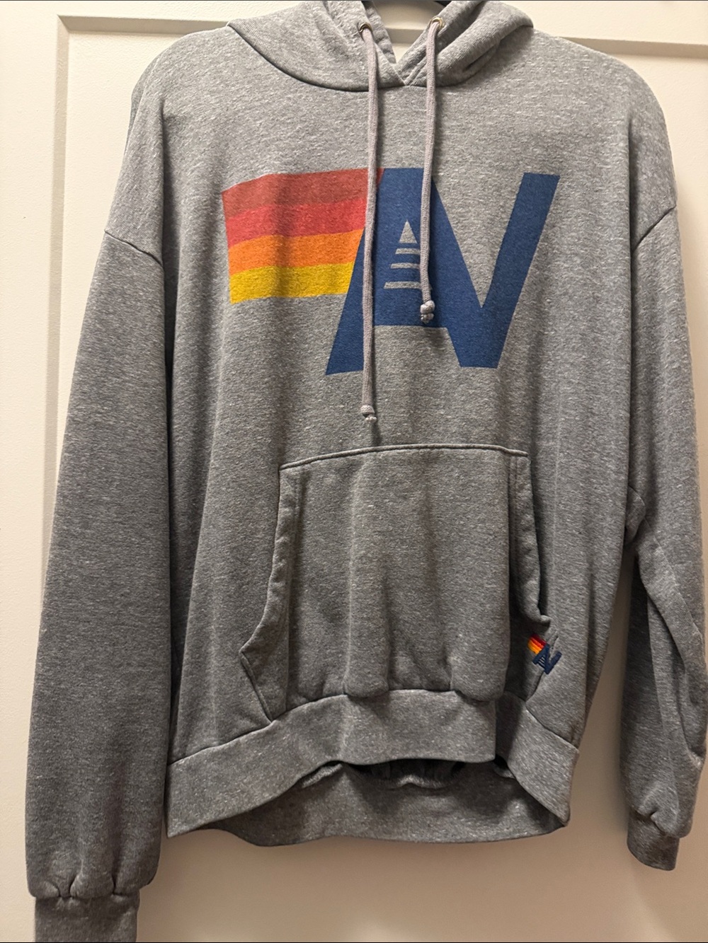 Aviator Nation Gray Hoodie with Retro Red-Orange-Yellow Stripe and Blue Logo